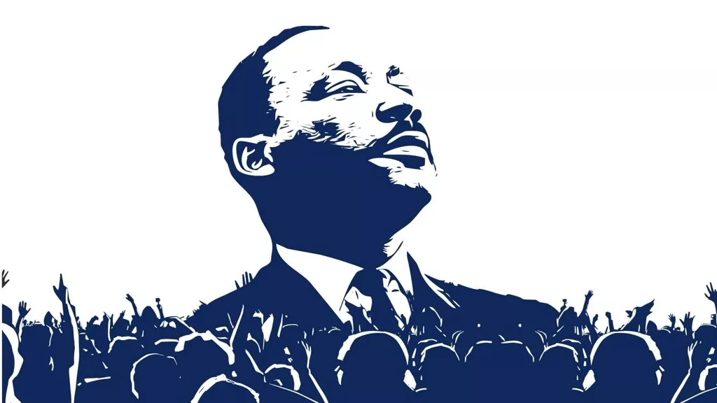A Mural of Martin Luther King Jr. where his image is much larger than a throng of people below. The ink used in the drawing appears bluish black.