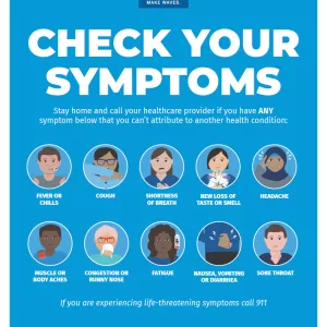 Blue and white image with icons for checking your symptoms.