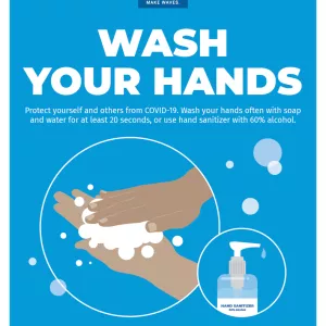 Blue and white poster titled 'Wash Your Hands' followed by image of two hands washing and some spray soap.