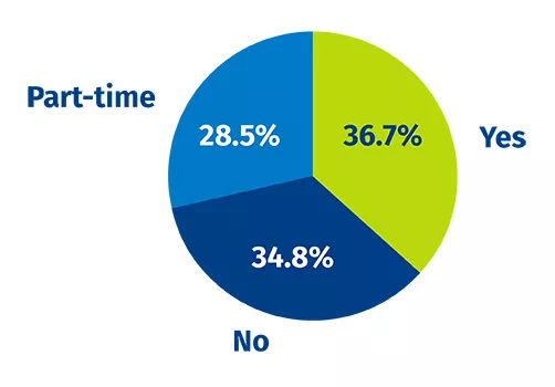 Pie Chart: 28.5% Part-time, 36.7% Yes, 34.8% No