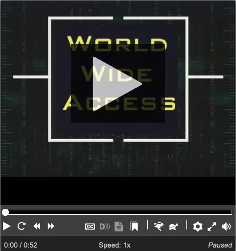 A video thumbnail with a big play button, followed by a set of video accessibility controls