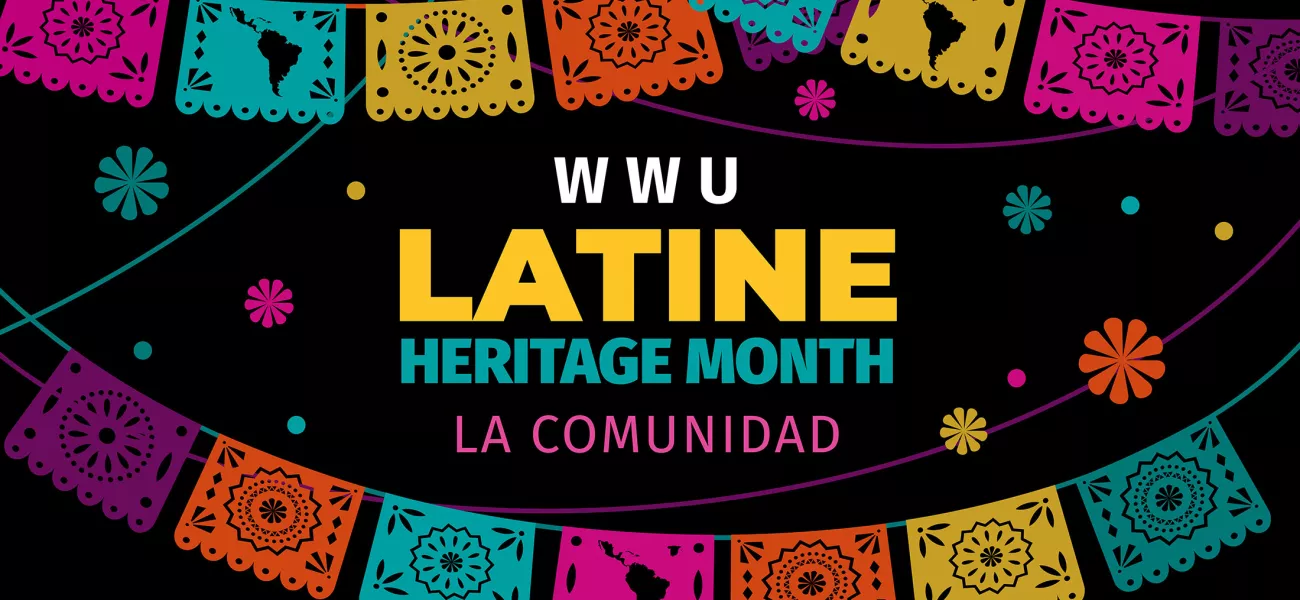 Latine Heritage Month: La Communidad, colorful text over colorful bunting