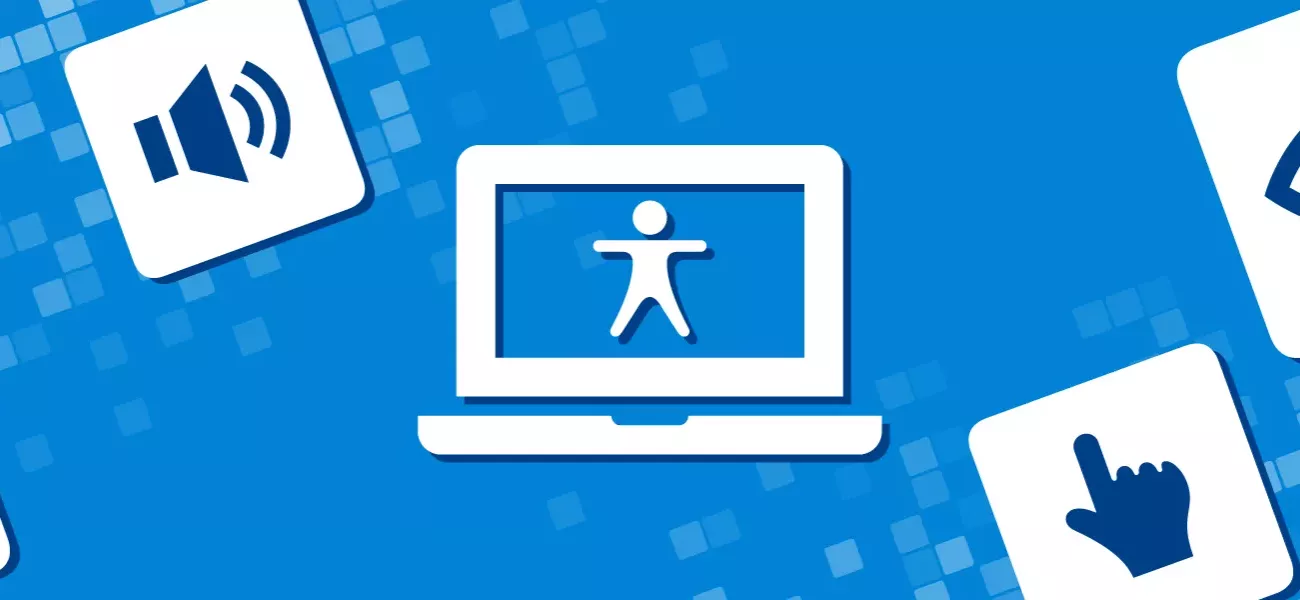 A set of icons representing the senses float around a laptop with a Vitruvian-type accessibility icon